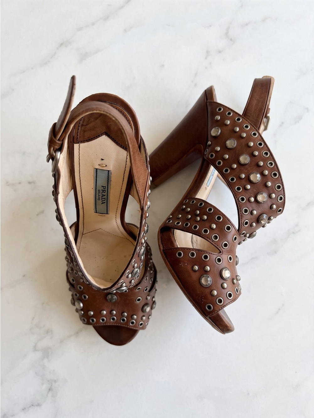 Prada Crystal Studded Leather Platform  Peep Toe Sandals Mahogany | EU 36.5